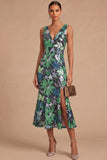 Spark Sequins Black Floral V-Neck Mermaid Midi Wedding Guest Dress with Slit
