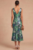 Spark Sequins Black Floral V-Neck Mermaid Midi Wedding Guest Dress with Slit