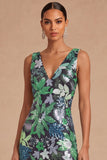 Spark Sequins Black Floral V-Neck Mermaid Midi Wedding Guest Dress with Slit
