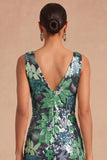 Spark Sequins Black Floral V-Neck Mermaid Midi Wedding Guest Dress with Slit