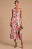 Spark Sequins Black Floral V-Neck Mermaid Midi Wedding Guest Dress with Slit