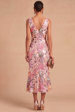 Spark Sequins Black Floral V-Neck Mermaid Midi Wedding Guest Dress with Slit