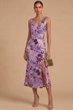 Spark Sequins Black Floral V-Neck Mermaid Midi Wedding Guest Dress with Slit