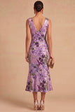 Spark Sequins Black Floral V-Neck Mermaid Midi Wedding Guest Dress with Slit