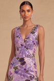 Spark Sequins Black Floral V-Neck Mermaid Midi Wedding Guest Dress with Slit