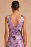 Spark Sequins Black Floral V-Neck Mermaid Midi Wedding Guest Dress with Slit