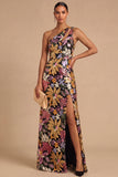 Black Spark Sequins Floral One Shoulder A-Line Long Wedding Guest Dress with Slit