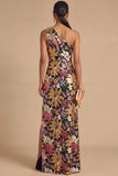 Black Spark Sequins Floral One Shoulder A-Line Long Wedding Guest Dress with Slit