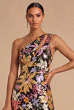 Black Spark Sequins Floral One Shoulder A-Line Long Wedding Guest Dress with Slit