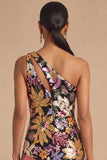 Black Spark Sequins Floral One Shoulder A-Line Long Wedding Guest Dress with Slit