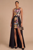 Black Floral Sparkly Sequins Round Neck Short Bodycon Wedding Guest Dress with Cape