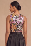 Black Floral Sparkly Sequins Round Neck Short Bodycon Wedding Guest Dress with Cape