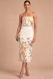 White Sparkly Sequins Floral Strapless Midi Wedding Guest Dress with Belt