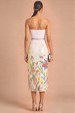 White Sparkly Sequins Floral Strapless Midi Wedding Guest Dress with Belt