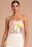 White Sparkly Sequins Floral Strapless Midi Wedding Guest Dress with Belt