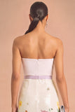 White Sparkly Sequins Floral Strapless Midi Wedding Guest Dress with Belt