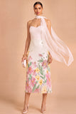Sparkly Sequins White Floral Strapless Midi Wedding Guest Dress with Neck Scarf