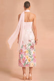 Sparkly Sequins White Floral Strapless Midi Wedding Guest Dress with Neck Scarf