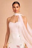 Sparkly Sequins White Floral Strapless Midi Wedding Guest Dress with Neck Scarf