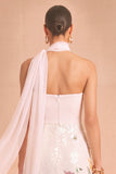 Sparkly Sequins White Floral Strapless Midi Wedding Guest Dress with Neck Scarf