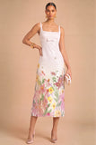 White Floral Sparkly Sequins Thick Straps Midi Wedding Guest Dress with Bow