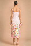 White Floral Sparkly Sequins Thick Straps Midi Wedding Guest Dress with Bow