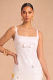 White Floral Sparkly Sequins Thick Straps Midi Wedding Guest Dress with Bow