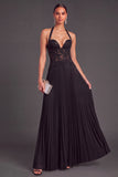White Halter Lace Corset Pleated A-Line Long Wedding Guest Dress