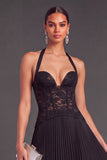 White Halter Lace Corset Pleated A-Line Long Wedding Guest Dress