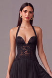 White Halter Lace Corset Pleated A-Line Long Wedding Guest Dress