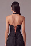 White Halter Lace Corset Pleated A-Line Long Wedding Guest Dress
