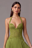 White Halter Lace Corset Pleated A-Line Long Wedding Guest Dress