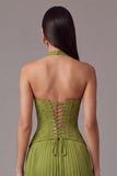 White Halter Lace Corset Pleated A-Line Long Wedding Guest Dress