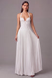 White Halter Lace Corset Pleated A-Line Long Wedding Guest Dress