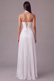 White Halter Lace Corset Pleated A-Line Long Wedding Guest Dress