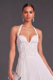 White Halter Lace Corset Pleated A-Line Long Wedding Guest Dress