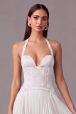 White Halter Lace Corset Pleated A-Line Long Wedding Guest Dress