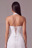 White Halter Lace Corset Pleated A-Line Long Wedding Guest Dress