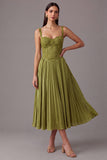 Grass Green Lace Thick Straps Pleated Corset Midi Wedding Guest Dress