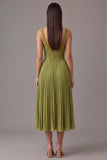 Grass Green Lace Thick Straps Pleated Corset Midi Wedding Guest Dress