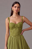 Grass Green Lace Thick Straps Pleated Corset Midi Wedding Guest Dress