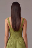 Grass Green Lace Thick Straps Pleated Corset Midi Wedding Guest Dress