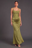 Grass Green Square Neck Ruched Corset Long Mermaid Wedding Guest Dress