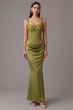 Grass Green Square Neck Ruched Corset Long Mermaid Wedding Guest Dress