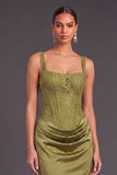 Grass Green Square Neck Ruched Corset Long Mermaid Wedding Guest Dress