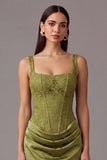 Grass Green Square Neck Ruched Corset Long Mermaid Wedding Guest Dress