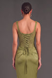 Grass Green Square Neck Ruched Corset Long Mermaid Wedding Guest Dress