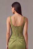 Grass Green Square Neck Ruched Corset Long Mermaid Wedding Guest Dress