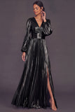 Bronzer Metallic V-Neck Pleated A-Line Long Wedding Guest Dress with Slit