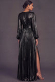 Bronzer Metallic V-Neck Pleated A-Line Long Wedding Guest Dress with Slit